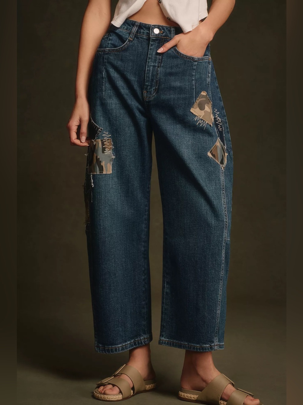 Anthro Kenna Mid-Rise Heritage Barrel Jeans by Pilcro: Patchwork Edition camo 29